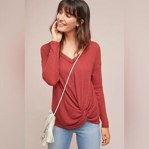 AKEMI + KIN | Anthropologie Rust V-Neck Knotted Long Sleeve Waffle Shirt